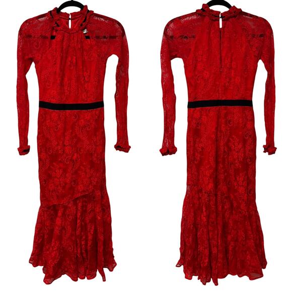 Three Floor Split Tease Dress Red Black Floral Lace Midi Cutout Sheer Hem Size 4 - Picture 1 of 9
